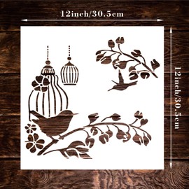 4 Pieces 12 x 12 inches Spring Summer Birds Stencils Templates for Painting, Large Reusable Flying Birds Branch Painting Templates Stencils for Painting Craft Drawing on Wood Wall Home Decorations