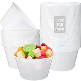 Newtay 100 Pcs 32 oz Plastic Bowls Bulk Stackable Disposable Cereal Soup Bowls Candy Bar Containers for Party Salad Bar Buffet Serving (White)