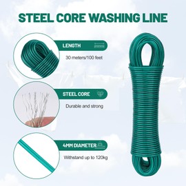 NUTTDOO Washing Line Rope,30m Strong Steel Core Laundry Clothese Lines,Plastic PVC Cover Garden Clotheslines for Outdoor, Indoor, Garden, Dryer (Green)