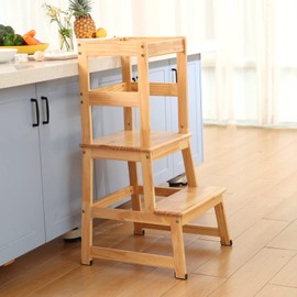Kitchen Step Stool for Kids with Safety Rail,Solid Wood Construction Toddler Learning Stool, Montessori Toddlers Kitchen Stool Tower(Natural)