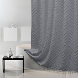 Siiluminisoy Extra Long Grey Boho Shower Curtain with Tassel, Woven Fabric 96 in Shower Curtain, Tufted Chevron Striped, 72 x 96, Modern Chic Textured Minimalist Bathroom Shower