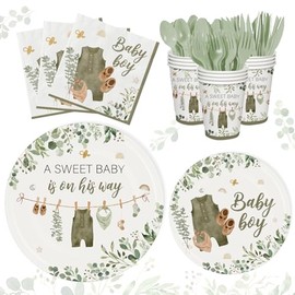 Whaline 175Pcs Boy Baby Shower Party Supplies Kit Serves 25 Green Eucalyptus Baby Cloth Pattern 9 & 7 Inch Paper Plates Cups Napkins Forks Knives Spoons for Baby Shower Birthday Gender Reveal
