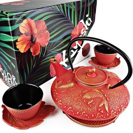 KIYOSHI Luxury 7PC Japanese Tea Set."Red Koi" Cast Iron Tea Pot with 2 Tea Cups, 2 Saucers, Tea Infuser and Teapot Trivet. Ceremonial Matcha Accessories