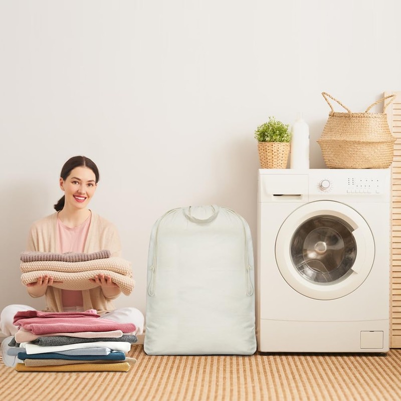 3 Pcs Breathable Canvas Laundry Drawstring Bags with Carrying Handles,
