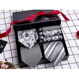 Hi-Tie 3 Pcs Gift Box Mens Tie Set Necktie with Pocket Square Cufflinks Lapel Pin Silk Neck Tie Collection,Gray