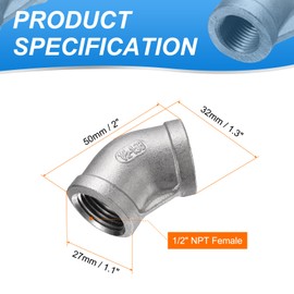 sourcing map 2pcs 45 Degree Elbow Cast Pipe Fitting 1/2" NPT Female 304 Stainless Steel Elbow Fitting Thread Connector for Water Fuel Air Plumbing Applications