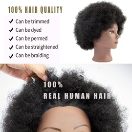 Afro Kinky Curly Mannequin Head 100% Real Human Hair,(10 inches) Black For Manual Braiding Styling Practice Hairdresser School Manikin Head Curling Doll Head Training Head- with Clamp Stand
