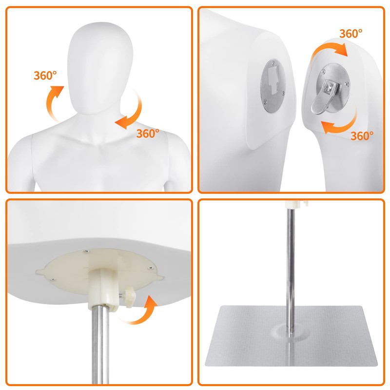 SHAREWIN Male Mannequin with Metal Stand Adjustable Plastic Half Body