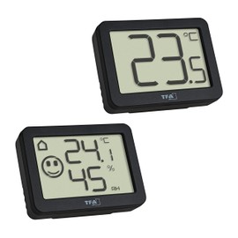 TFA Dostmann 1 x Mini Thermometer & 1 x Thermo-Hygrometer Set, 95.2020.01, Humidity Meter with Precise Room Thermometer, with Smiley Display, Ideal for Home, Office, Bedroom, Black