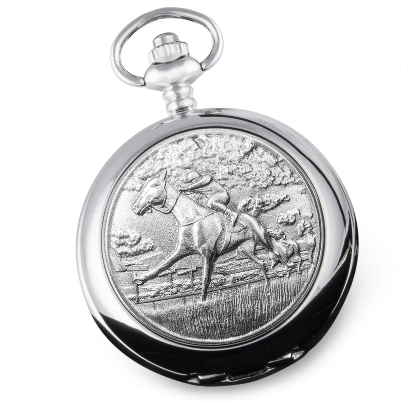 Engraved 50th Birthday Pewter Horse Racing Feature Pocket Watch and