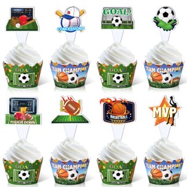 48 piezas temáticas de bolas, recuerdos deportivos para cupcakes y envolturas, suministros de fiesta temática, béisbol, fútbol, baloncesto, magdalenas para niños, adolescentes, tema deportivo, decoración de fiesta de cumpleaños
