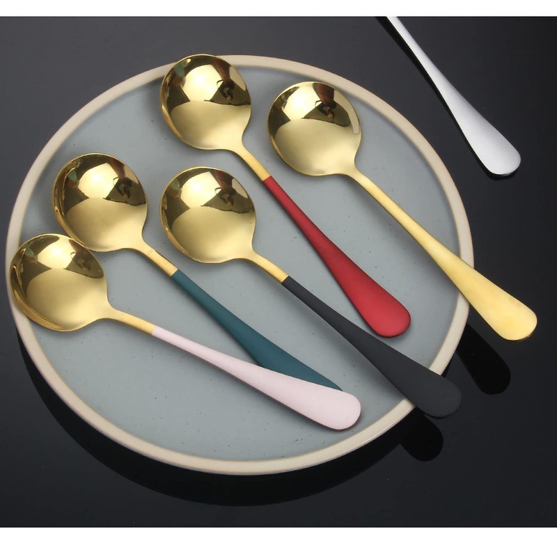 Round Head Soup Spoons, 2Pcs Metal Korean Spoon Stainless Steel