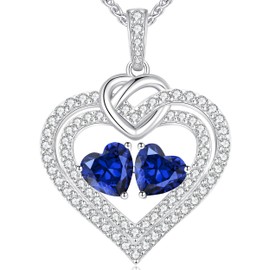LOUISA SECRET Sparkling Double Heart Birthstone Necklaces for Women, 925 Sterling Silver Fine Jewelry, Pendant Heart Necklaces Birthday Anniversary Christmas Gift for Women Wife Mom Girlfriend Lady