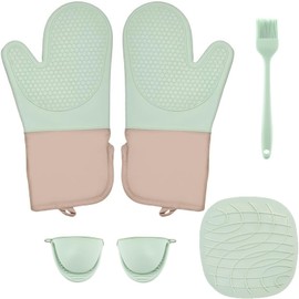 6er Set Silikon Ofenhandschuhe mit Topflappen, Bürste, Hitzebestaendig Topfhandschuhe, Backofen Zubehör, Anti-Rutsch Backhandschuhe, Küchenhandschuhe, Kochhandschuhe für Kochen, Backen, Grillen (Grün