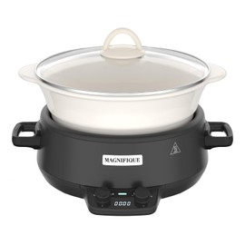 MAGNIFIQUE Small 5 Quart Round Casserole Programmable Slow Cooker with Glazed Ceramic Liner, Food Warmer Perfect Kitchen Small Appliance for Family Dinners, Black