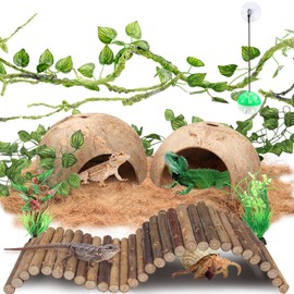 QUOZUO Crested Gecko Tank Accessories, Reptile Climbing Vines Hanging Plants with Coconut Shells Bridge Hideout Hermit Crab Decor for Bearded Dragon Lizard Chameleon Gecko Turtle Snake