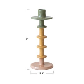 Bloomingville Enameled Decorative Metal Taper Candle Holder, Green, Tan and Pink