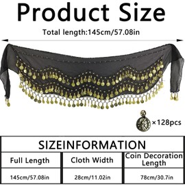 YEWCEP Belly Dance Hip Scarf Women's Belly Dance Costume Belt Chiffon Black Size 28 for Oriental Dance Women with 128 Coins, black