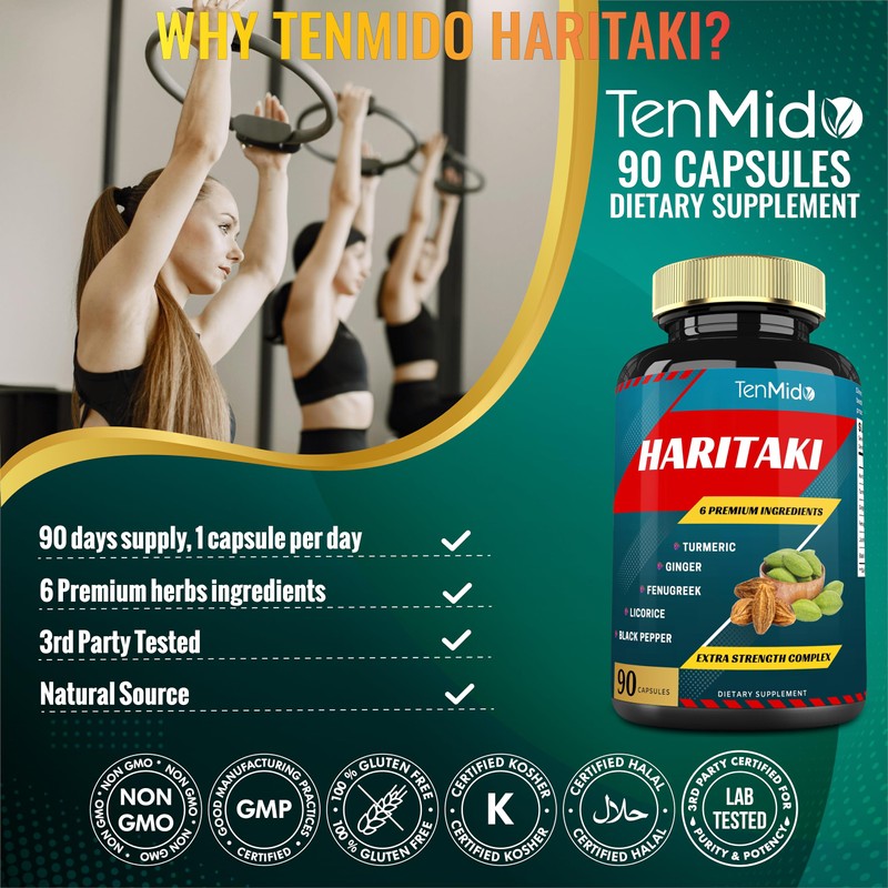 Tenmido Haritaki Supplements Extract Capsules with Turmeric, Ginger, Fenugreek, Licorice,