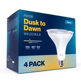 Sunco Outdoor LED Flood Light, Waterproof PAR38 Dusk to Dawn Bulb, 1250 LM, 120W Equivalent 15W, Exterior, Wet-Rated, 3000K Warm White, E26 Base, UL 4 Pack.