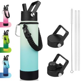 BJPKPK 27oz Insulated Water Bottles with 3 Lids, Paracord Handle & Non-slip Boot, Stainless Steel Metal Water Bottle with Straw, BPA Free Leak Proof Thermos, Tumblers,Mint