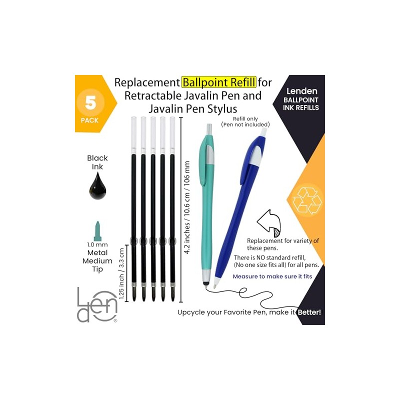 Pack of 5 Retractable Ballpoint Ink Pen Refill for Javelin