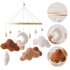 Uixxducc Mobile Baby Wind Chimes, Baby Bed Mobile Wooden with 3D Clouds Moon, Children's Room Hanging Bed Bell, Newborn Gift for Baby Boys and Girls (Brown)