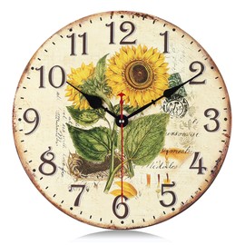 Lafocuse Silent Wall Clock Summer Sunflower Vintage Retro Wood Shabby Chic Wall Clocks Decoration Without Ticking for Living Room Bedroom Kitchen Office 30 cm