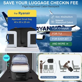SZLX Hand Luggage Backpack 40 x 20 x 25 for Ryanair Travel Backpack Hand Luggage Aeroplane Women's Backpack for Aeroplane Hand Luggage 45 x 36 x 20 for Men Easyjet Cabin Bag Backpack Waterproof Laptop
