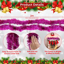 Trimming Shop 6.5ft/2m Rose Pink Christmas Tinsel Garland Shiny Metallic Fine Foil Twist Xmas Tree Garland for Festive Party, Holiday Celebration, Indoor & Outdoor Hanging Decorations