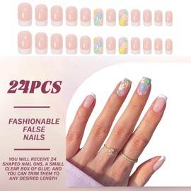 24PCS Short Square French Press On Nails With Daisy Floral Design, White Tip Fake Nails With Jelly Glue, Stick-On Acrylic Artificial Nails For Women, Long-Lasting Removable Nail Art Set