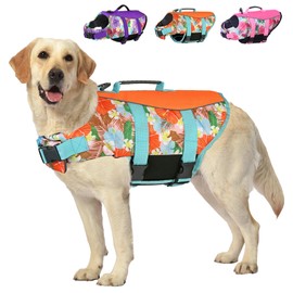 Dog Life Jacket Medium, High Flotation Dog Life Vest for Swimming Boating, Hawaiian Reflective Puppy Swim Vest, Adjustable Safety Dogs Floating Vests with Superior Buoyancy and Rescue Handle