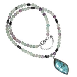 mookaitedecor Labradorite Pendant Necklace Labradorite Crystal Jewellery for Women, Moonstone Necklace Rainbow Fluorite Necklace Healing Crystal Necklace Short Beaded Precious Stone Necklace