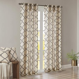 Madison Park Saratoga Single Window Curtain Light Filtering Fretwork Print 1 Panel Grommet Top Drape/Valance for Living Room Bedroom and Dorm, 50x108, Khaki/Black