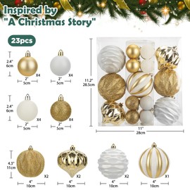 23ct Assorted Christmas Ball Ornaments Set Hanging Decorations, 2.4"-4.3" Candy Cane Gold and White Xmas Tree Decorations Balls, Large Small Plastic Christmas Ornaments for Tree Holiday Decor Party