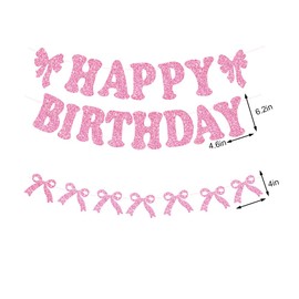 Bow Happy Birthday Banner, Glitter Happy Birthday Banner Bow Garland Party Decorations for Girls Women Party Decor
