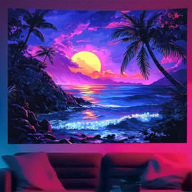 Starlit Patio Blacklight Tapestry UV Reactive Tropical Sunset Beach Hawaii Tapestry Glow in The Dark Wall Hanging Trippy Ocean Landscape Poster for Bedroom Living Room Dorm 78 x 59 Inches