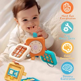 Montessori Motor Skills Cube Toy from 1 Year, 8-in-1 Busy Board & Motor Skills Toy for Babies and Toddlers, Travel Toy from 1 Year, Activity Board Educational Toy, Gift for Boys and Girls