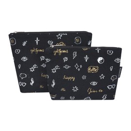 SKAPADORO Travel Cosmetic Makeup Pouch Kit for Girls Women, Cotton with Waterproof Recycled Lining Set of 2 - Make-up Pouch, Toiletries Kit (Happy Doodle)