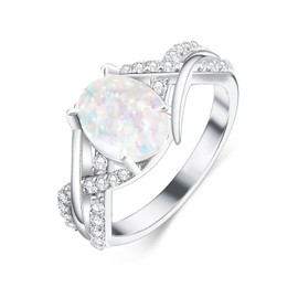 DOLIOX White Opal Rings for Women Oval 925 Sterling Silver Engagement Ring for Wedding Promise Oval October Birthstones Jewelry for Wife Size 9