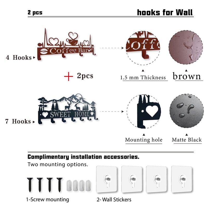 FengPingZi, Key Holder Wall Mount, 2 Pack Metal Black Key