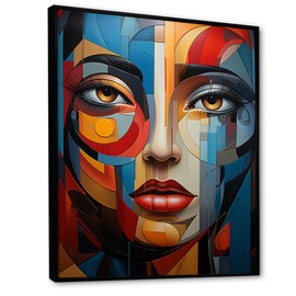DesignQ Large Cubism Wall Art, Cubic Portrait with Chromatic Elements I, Cubism Black Framed Wall art decor, Blue Canvas wall art, 16x32 inches