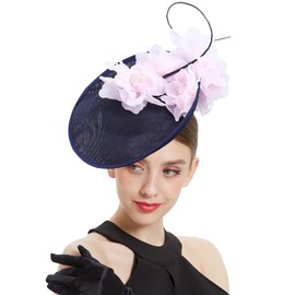 ELLYDOOR Sinamay Fascinator Church Hats for Women Derby Hat Wedding Tea Party Pillbox Hat with Headband Clip Navy Blue Pink