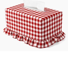 Red Gingham Fabric Tissue Box Cover Soft Ruffled Rectangular