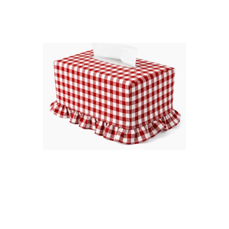 Red Gingham Fabric Tissue Box Cover Soft Ruffled Rectangular