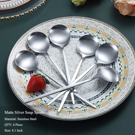 HOMQUEN Dinner Spoons, Pack of 6, 8.1 Inch Stainless Steel Tablespoons, Soup Spoons, Dessert Spoons, Cutlery for Home, Kitchen or Restaurant, Dishwasher Safe (Matt Silver-8.1 inches)