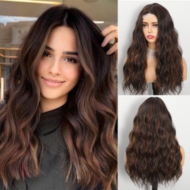 Alitozz Brown Highlight Wigs for Women Brown Wig Wavy Wig with Upgraded Strands Middle Part Shoulder Length Synthetic Wig Brown Wigs for Women Lace Front Wigs for Cosplay Daily Party Use