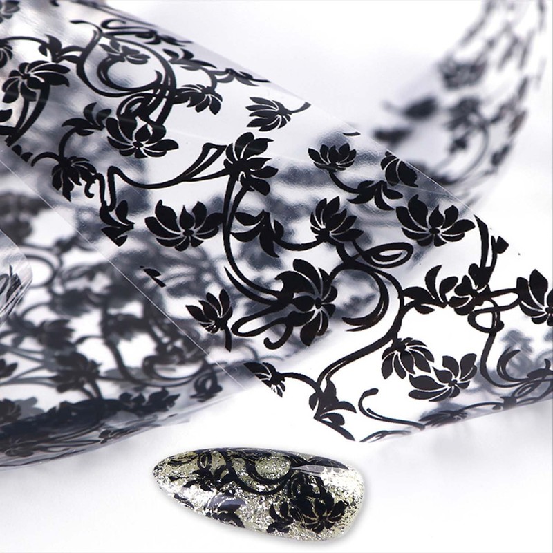 XEAOHESY 10 Rolls Black White Flower Nail Foil Transfer Sticker