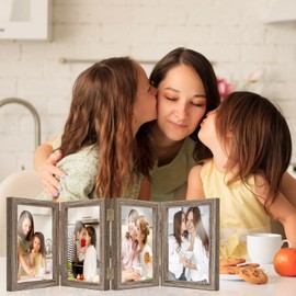 4x6 Four Picture Frame 4 Hinged Photo Frame with 4 Openings, Natural Wood Foldable Photo Frame with High Definition Acrylic for Birthday Father's Day Christmas Gift, Rustic Desk Family Picture Collage, Gray