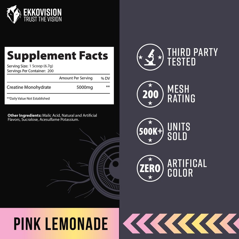 Ekkovision Creatine Monohydrate Powder, Micronized, Pink Lemonade, Pre Workout &